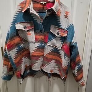 ​La Miel Aztec Western Geometric Raw Hem Shacket Button Down Jacket Large